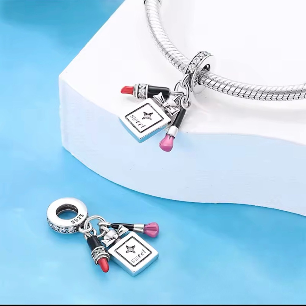 S925 Sterling Silver Perfume & Lipstick Charm Fits Pandora Bracelet